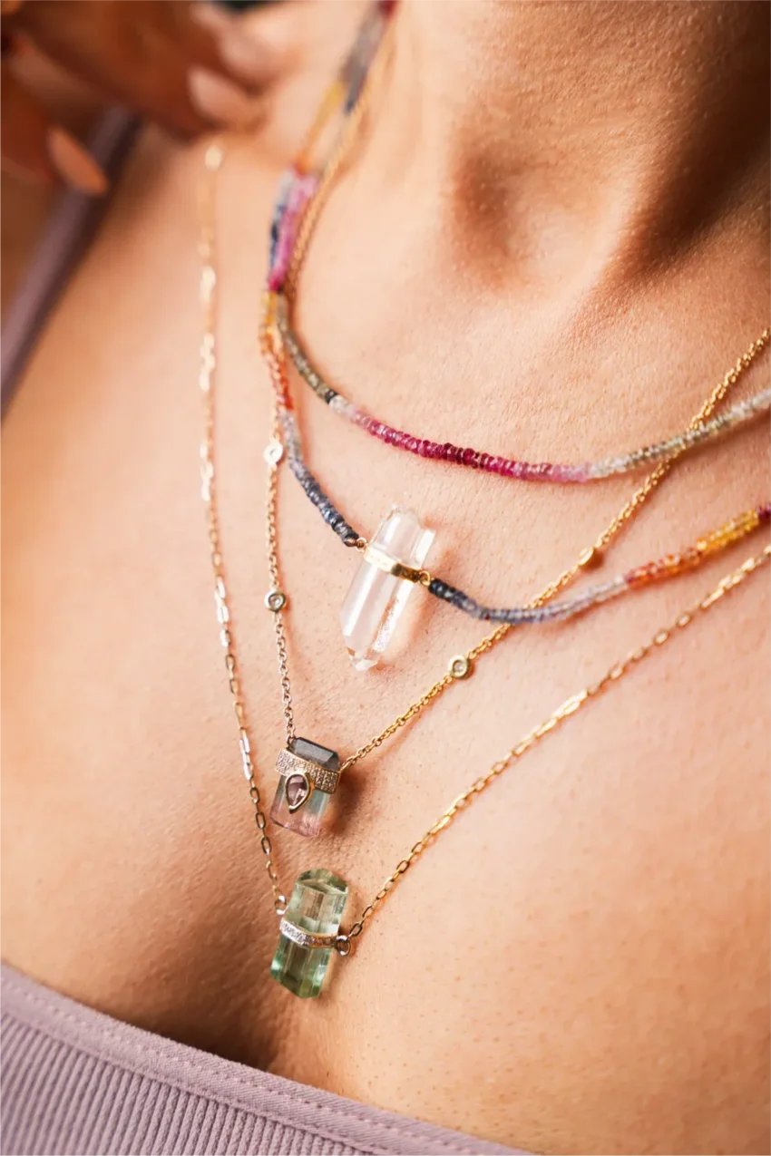 Layered gemstone necklaces from Tenthirtythree's jewelry collection